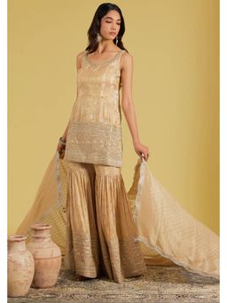 Meenagurnam - Peach Tissue Embroidered Kurta With Sharara And Dupatta