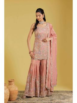 Meenagurnam - Peach Tissue Embroidered Kurta With Sharara And Dupatta