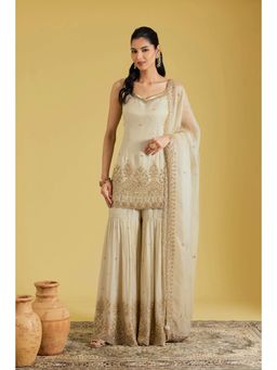 Meenagurnam - Beige Tissue Embroidered Kurta With Sharara And Dupatta