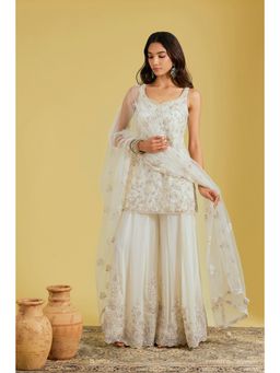Meenagurnam - Ivory Net And Georgette Embroidered Kurta With Palazzo And Dupatta