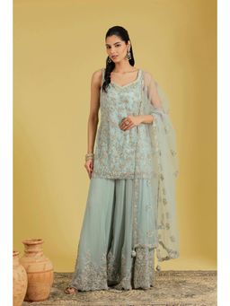 Meenagurnam - Pista Net And Georgette Embroidered Kurta With Palazzo And Dupatta