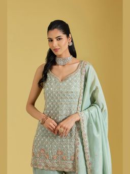 Meenagurnam - Blue Tissue Embroidered Kurta With Sharara And Dupatta