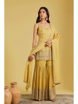 Meenagurnam - Mustard Tissue Embroidered Kurta With Sharara And Dupatta