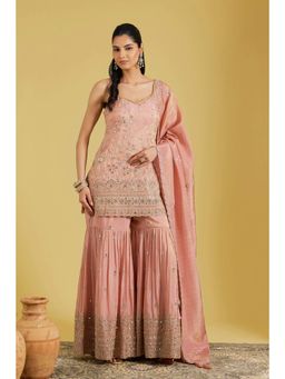 Meenagurnam - Peach Tissue Embroidered Kurta With Sharara And Dupatta