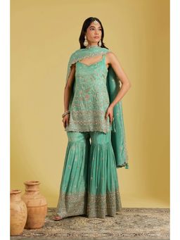 Meenagurnam - Sage Green Tissue Embroidered Kurta With Sharara And Dupatta