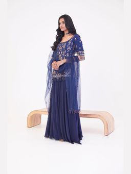 Meenagurnam - Navy Blue Georgette Embroidered Kurta With Sharara And Dupatta