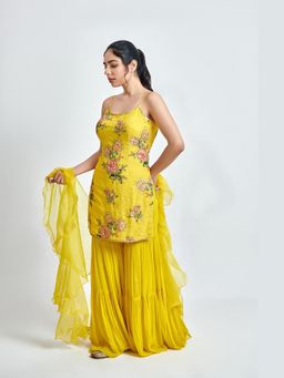 Meenagurnam - Yellow Printed Georgette Kurta With Sharara And Dupatta