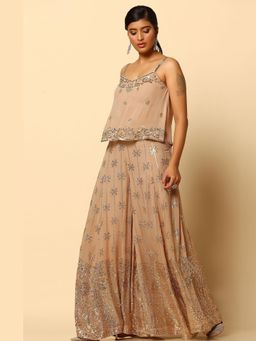 Meenagurnam - Champagne Peach Thread Work Kurta With Sharara And Dupatta
