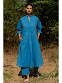 Silai Studio - Cyan Blue Cotton Plain Kurta and Pant
