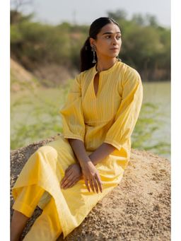 Silai Studio - Butter Yellow Pintucks Kurta and Pant