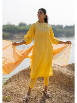 Silai Studio - Butter Yellow Pintucks Kurta with Pant and Dupatta