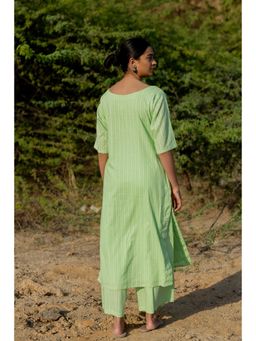 Silai Studio - Pastel Green Cotton Stripes Kurta And Pant