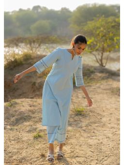 Silai Studio - Soft Blue Handloom Cotton Kurta And Pant