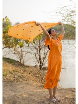 Silai Studio - Carrot Orange Kurta with Culottes and Jaamdani Scarf
