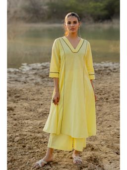 Silai Studio - Light Lemon And Grey Cotton Kurta And Pant