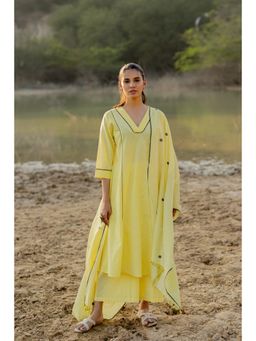 Silai Studio - Light Lemon And Grey Cotton Kurta With Pant And Dupatta