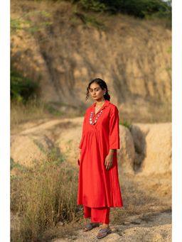 Silai Studio - Tomato Red Cotton Plain Kurta And Pant