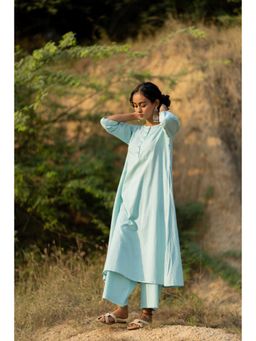 Silai Studio - Dewy Blue Cotton Plain Kurta and Pant