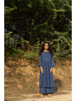 Silai Studio - Earthy Blue Cotton Plain Kurta And Pant
