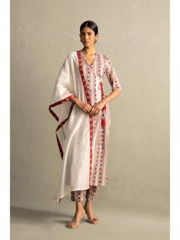 Charkhee - Cream Hand Block Angrakha Straight Kurta Set With Pant And Dupatta