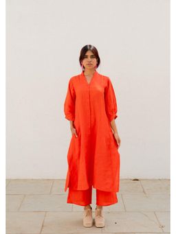 Silai Studio - Scarlet Linen Button Down Red Kurta And Pant