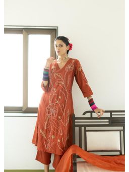 Silai Studio - Rajasvi Rust Embroidered Kurta And Pant