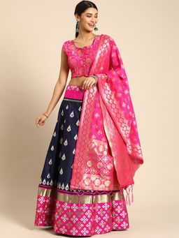 Shaily - Pink & Navy Blue Woven Design Semi-Stitched Lehenga & Unstitched Blouse with Dupatta