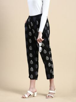 De Moza - Women Woven Bottom All Over Print Rayon Black Cigarette Pant