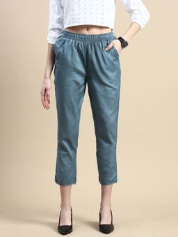 De Moza - Women Cigarette Woven Bottom Solid Cotton Flex Petrol Pant