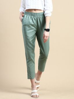De Moza - Women Cigarette Woven Bottom Solid Cotton Flex Sage Green Pant