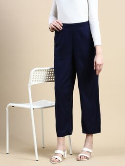 De Moza - Women Woven Bottom Solid Cotton Flex Navy Pant