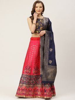 Shaily - Pink & Navy Blue Woven Design Semi-Stitched Lehenga & Blouse with Dupatta