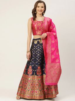 Shaily - Pink & Navy Blue Woven Design Semi-Stitched Lehenga & Blouse with Dupatta