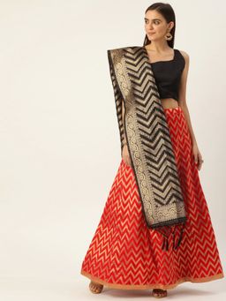 Shaily - Red & Black Woven Design Semi-Stitched Lehenga & Unstitched Blouse with Dupatta