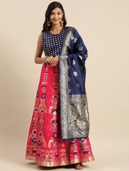 Shaily - Navy Blue & Pink Woven Design Semi-Stitched Lehenga & Blouse with Dupatta
