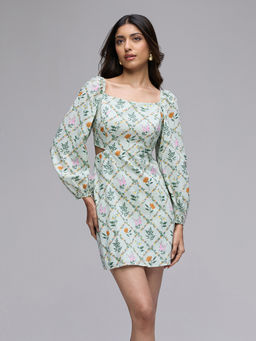 Twenty Dresses by Nykaa Fashion - Green Floral Square Neck Puff Sleeves Cut Out Mini Dress