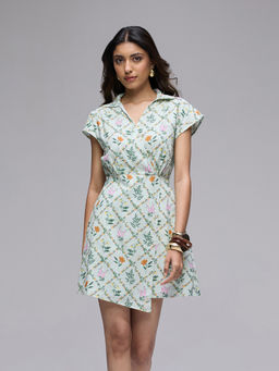 Twenty Dresses by Nykaa Fashion - Green Floral Pointed Collared Wrap Mini Dress