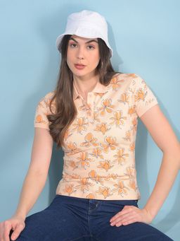 CRIMSOUNE CLUB - Women Peach Floral Printed Polo T-Shirt
