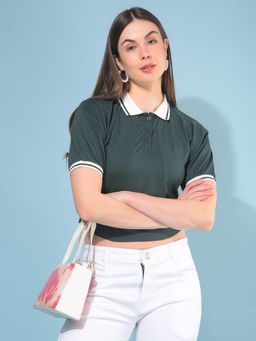 CRIMSOUNE CLUB - Women Green Solid Crop T-Shirt