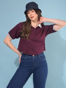 CRIMSOUNE CLUB - Women Wine Solid Crop T-Shirt