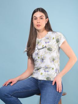 CRIMSOUNE CLUB - Women White Floral Printed T-Shirt
