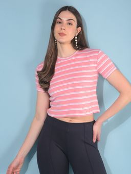 CRIMSOUNE CLUB - Women Pink Stripes Crop T-Shirt