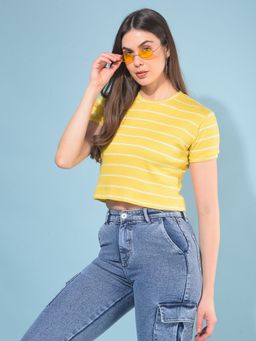 CRIMSOUNE CLUB - Women Yellow Stripes Crop T-Shirt