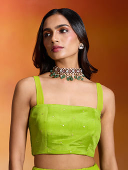 Gajra Gang - Lime Green Chinon Embroidered Stitched Blouse Nakhraali Nomads