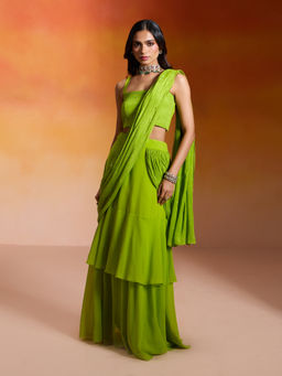 Gajra Gang - Lime Chinon Embroidered Ready to Wear Ruffle Saree Nakhraali Nomads