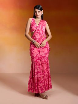 Gajra Gang - Coral Chinon Printed Sharara Saree with Blouse Nakhraali Nomads