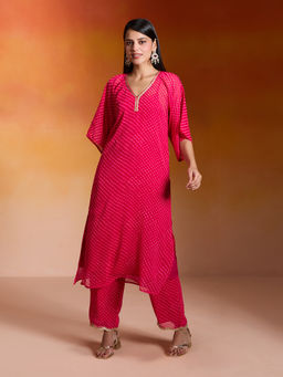Gajra Gang - Fuschia Pink Georgette Leheriya Kurta Dress With Slip Taash Panache