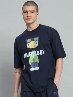 Griffel - Men Boy Print Drop Shoulder Oversized Navy Blue T-shirt