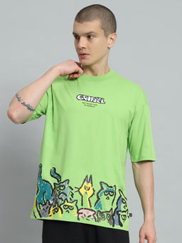 Griffel - Men Emoji Cats Drop Shoulder Oversized Green T-shirt
