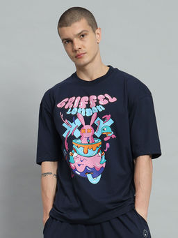 Griffel - Men Bubble Bunny Drop Shoulder Oversized Navy Blue T-shirt